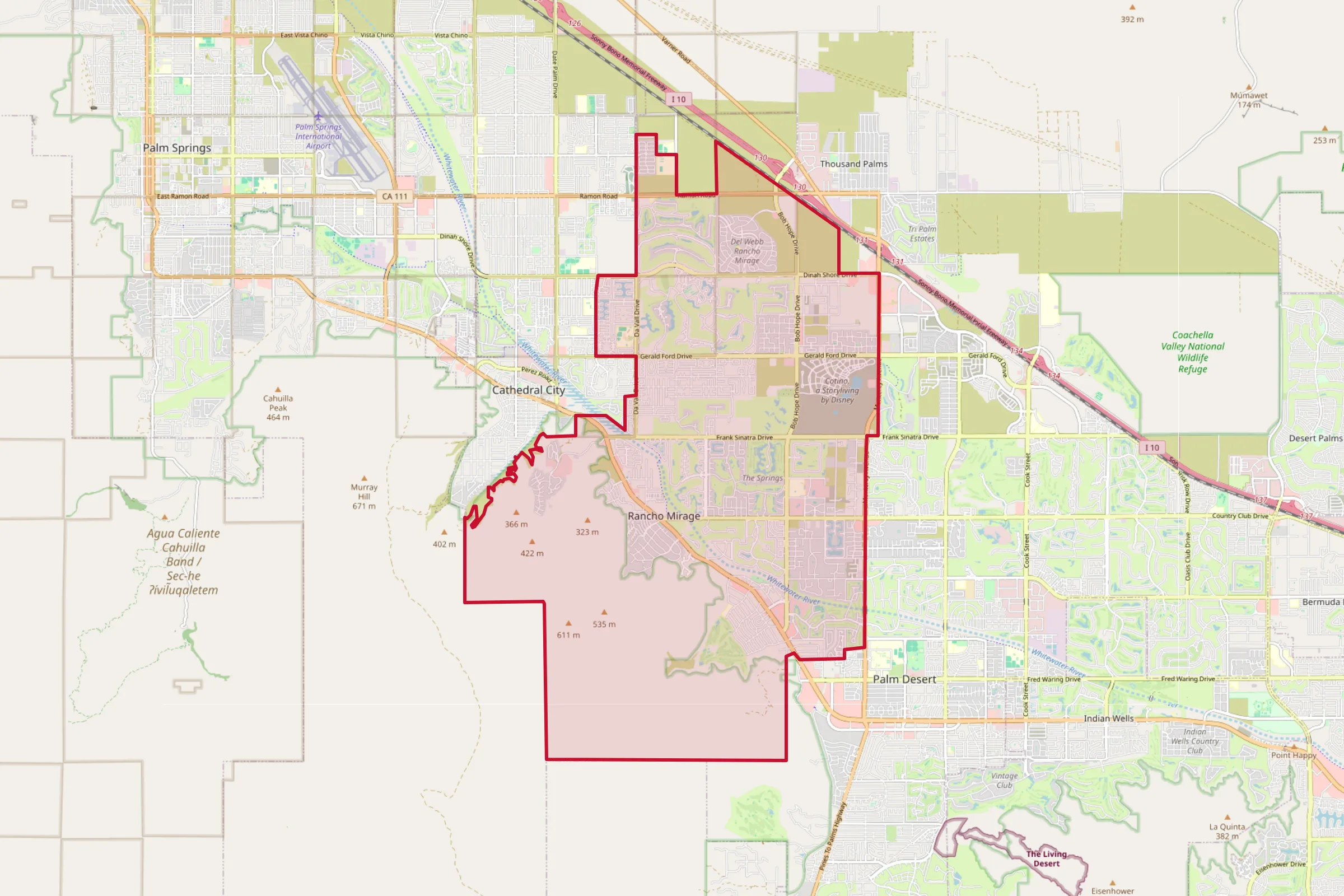 Map showing the Rancho Mirage, CA service area